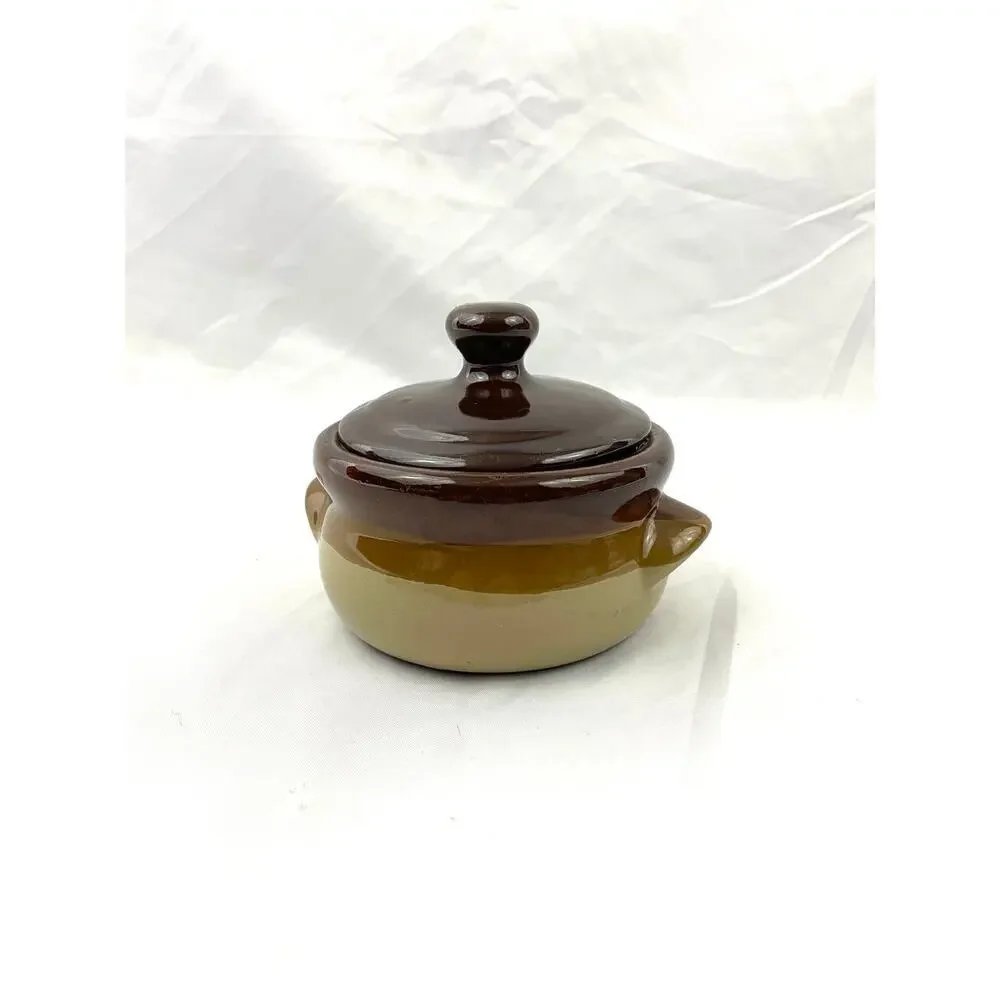 VTG Stoneware Pottery Bean Pot Double‎ Handled Brown 3 Tones Small
